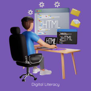 A young man writing code at a computer. HTML signs float around him. Video game design for kids promotes digital literacy.